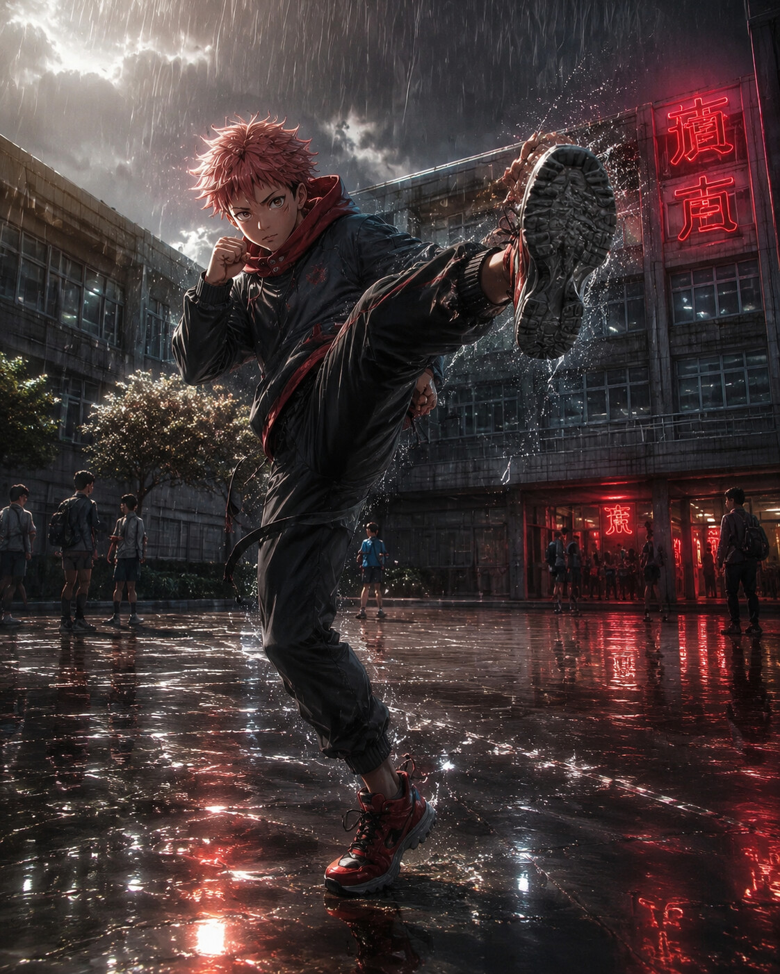 Practicing martial arts kicks in slow motion on a sunny school playground during lunchtime (dark cinematic realism)