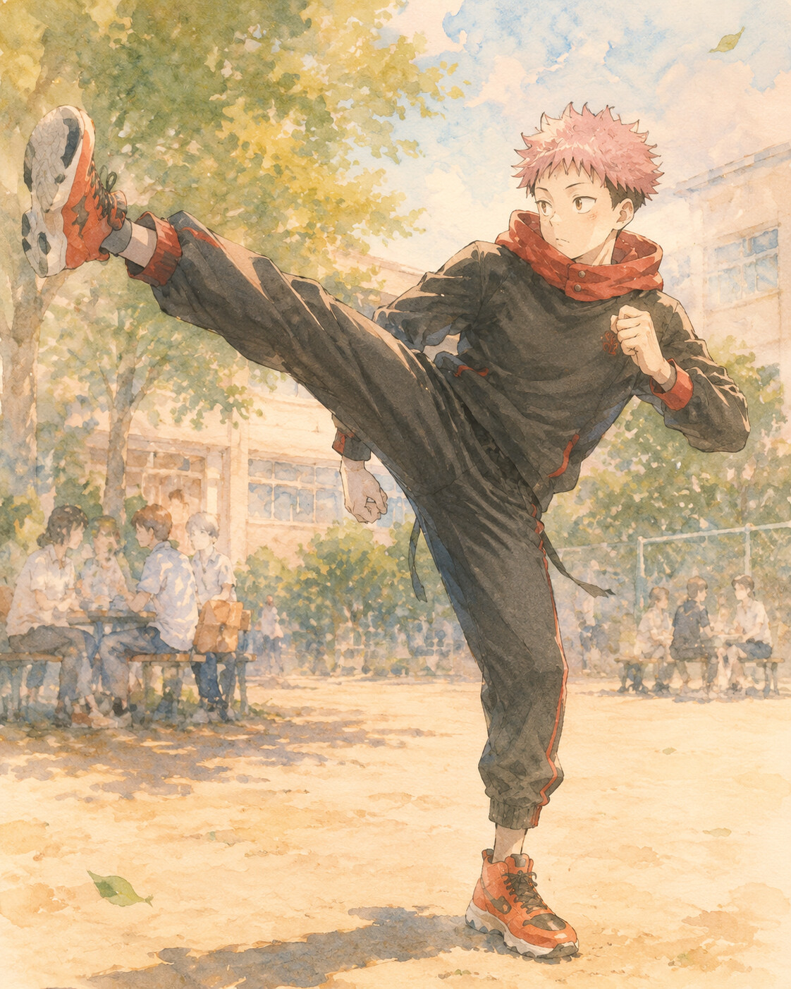 Practicing martial arts kicks in slow motion on a sunny school playground during lunchtime (soft watercolor)