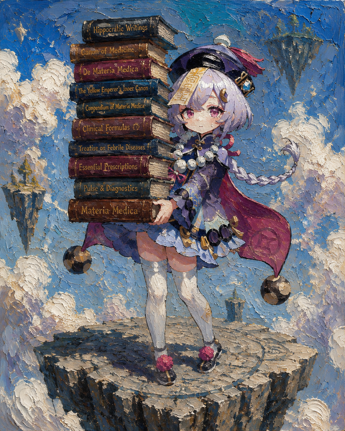 Balancing a tall stack of dusty medicine books On a floating stone platform above the clouds (thick oil painting, expressive impasto brushstrokes)