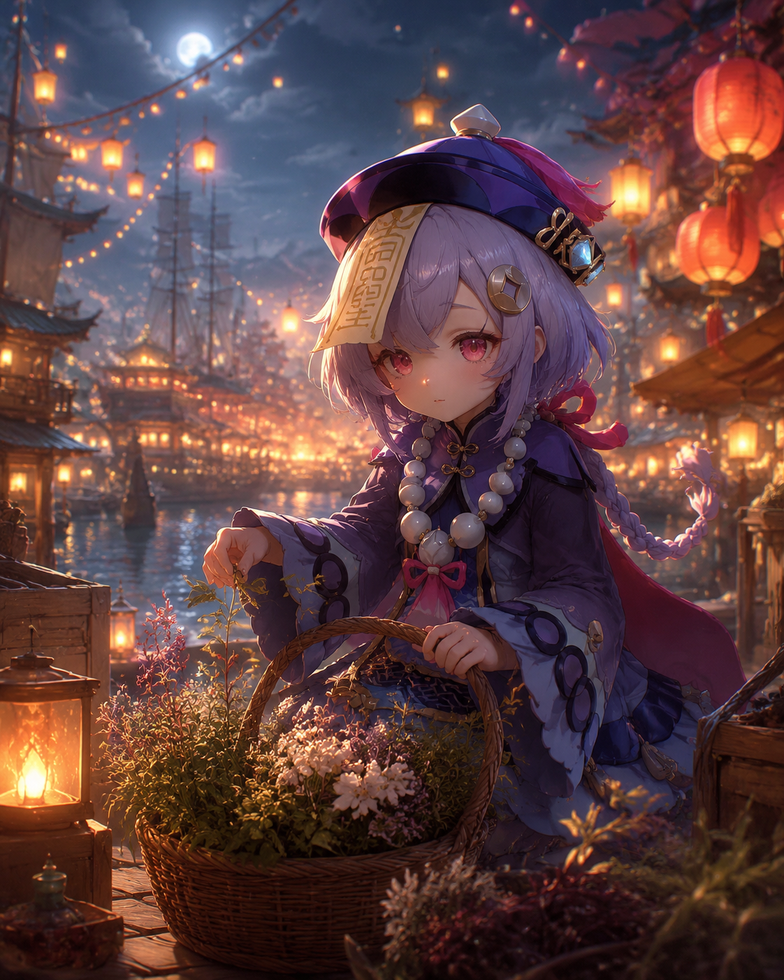 Gathering medicinal herbs into a wicker basket At a festive lantern-lit harbor (cinematic fantasy photography, dramatic volumetric lighting)