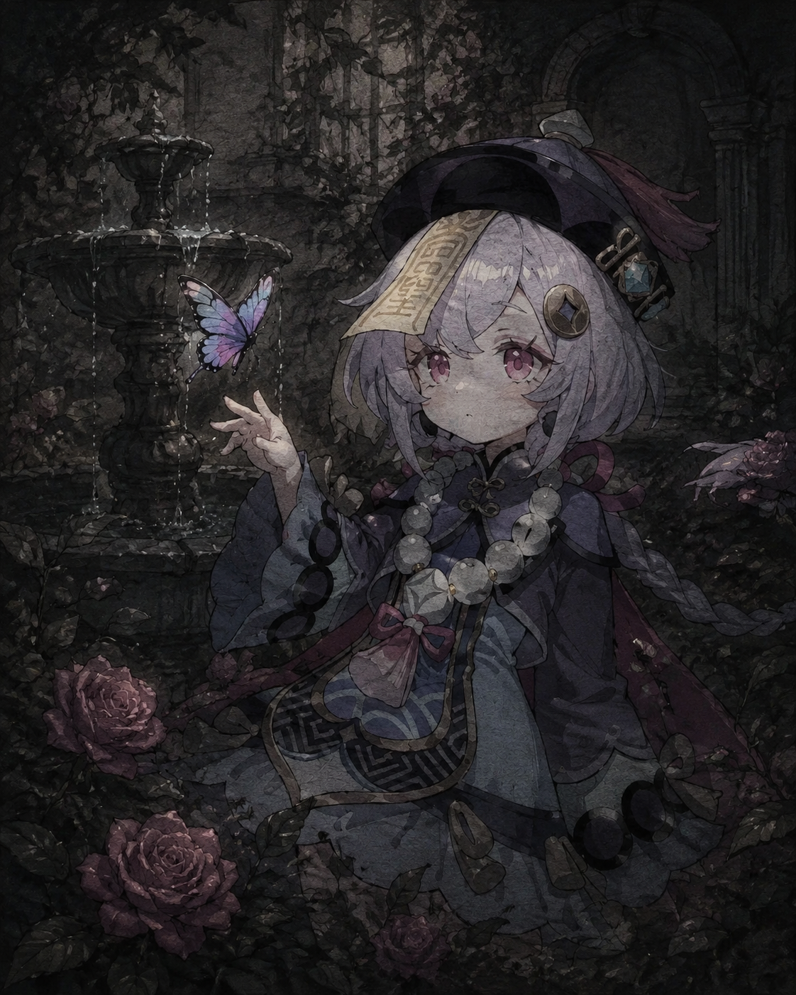 Staring blankly at a colorful butterfly In a hidden garden with a trickling fountain (dark gothic illustration, muted charcoal textures)
