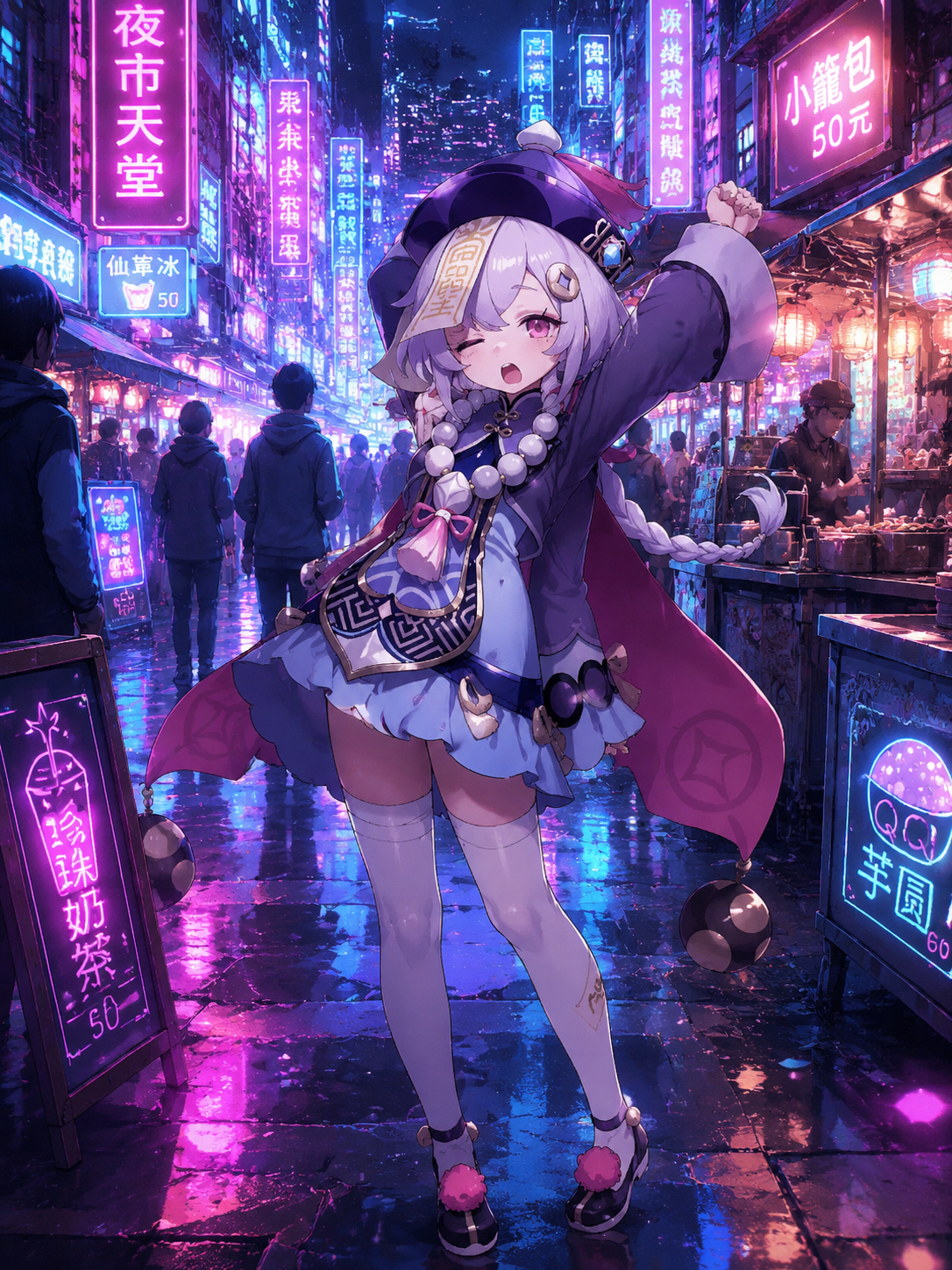 Stretching tired limbs after a long walk In a bustling neon-lit night market (cyberpunk aesthetic, vibrant pink and blue glares)