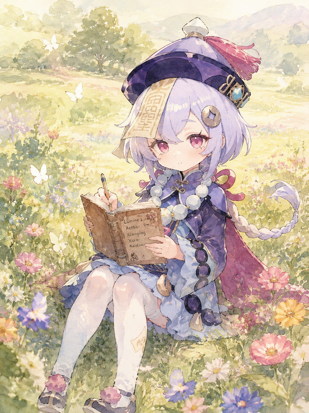Writing names in a small worn notebook At a sun-drenched flower meadow (delicate watercolor, soft pastel tones)