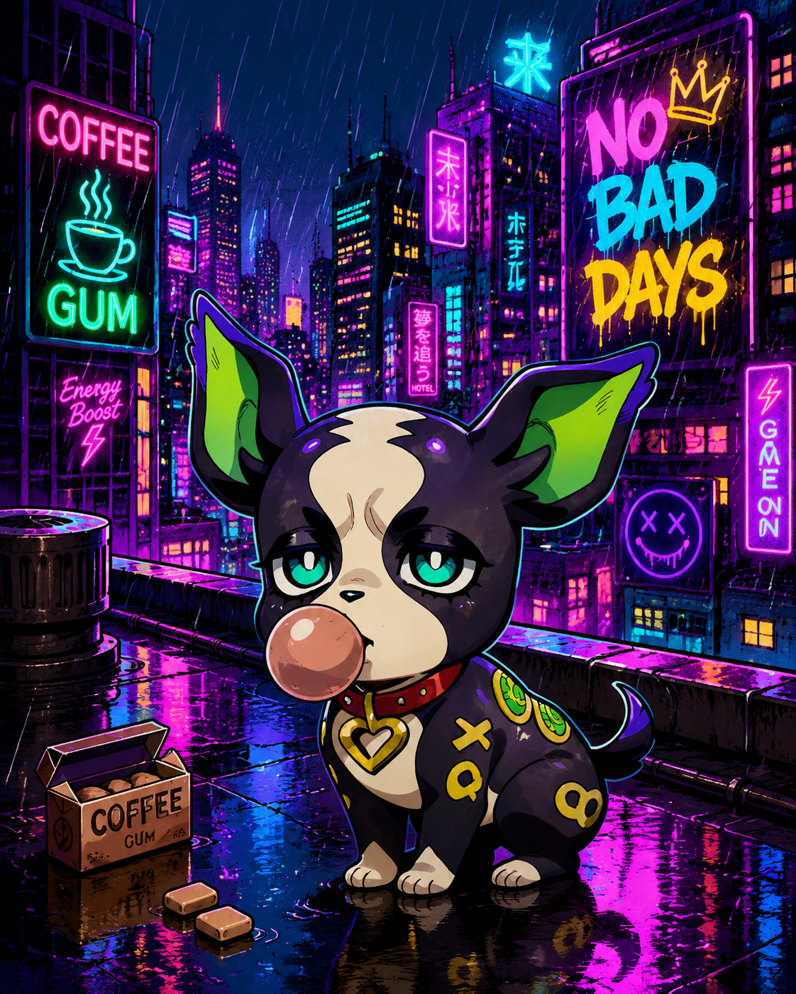 Chewing on coffee-flavored gum On a rainy rooftop overlooking a neon city (vibrant pop art, bold outlines and neon colors)