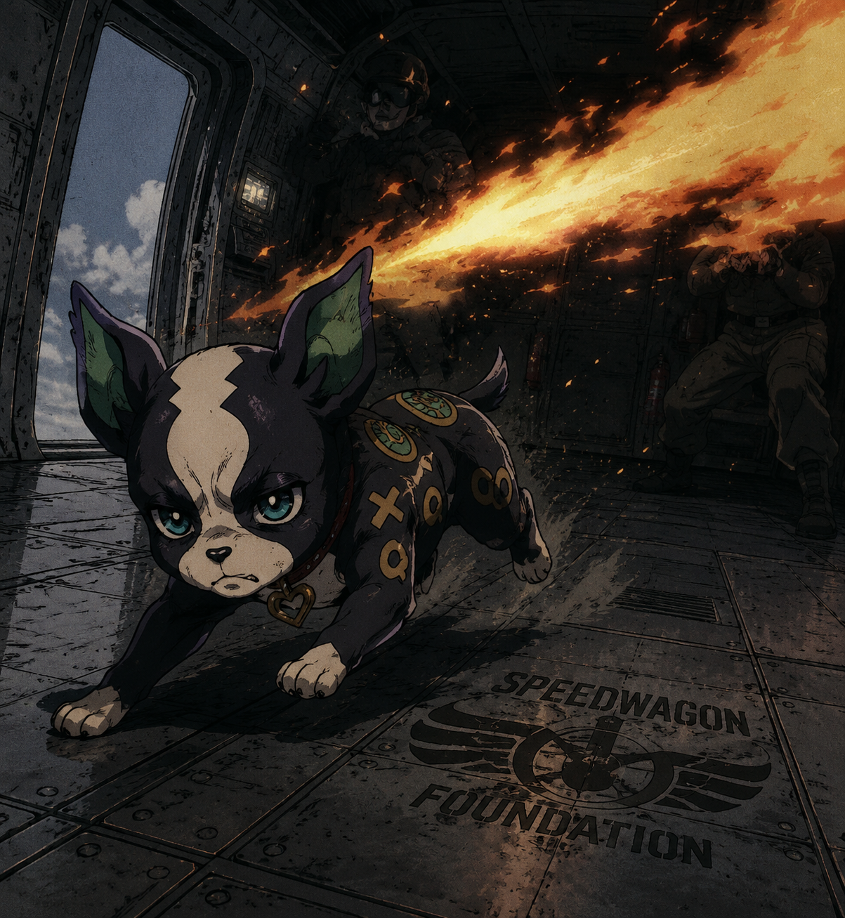Dodging a blast of fire On a Speedwagon Foundation helicopter floor (90s gritty anime style, cell shaded)