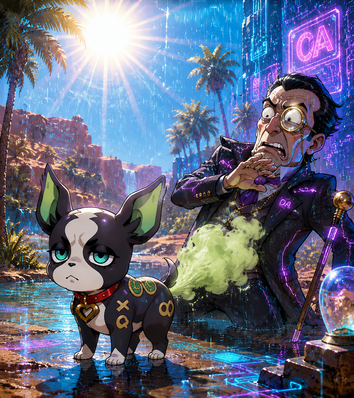 Farting in a pompous man's face At a scorching desert oasis under midday sun (futuristic cyberpunk aesthetic, glowing circuitry and rain)