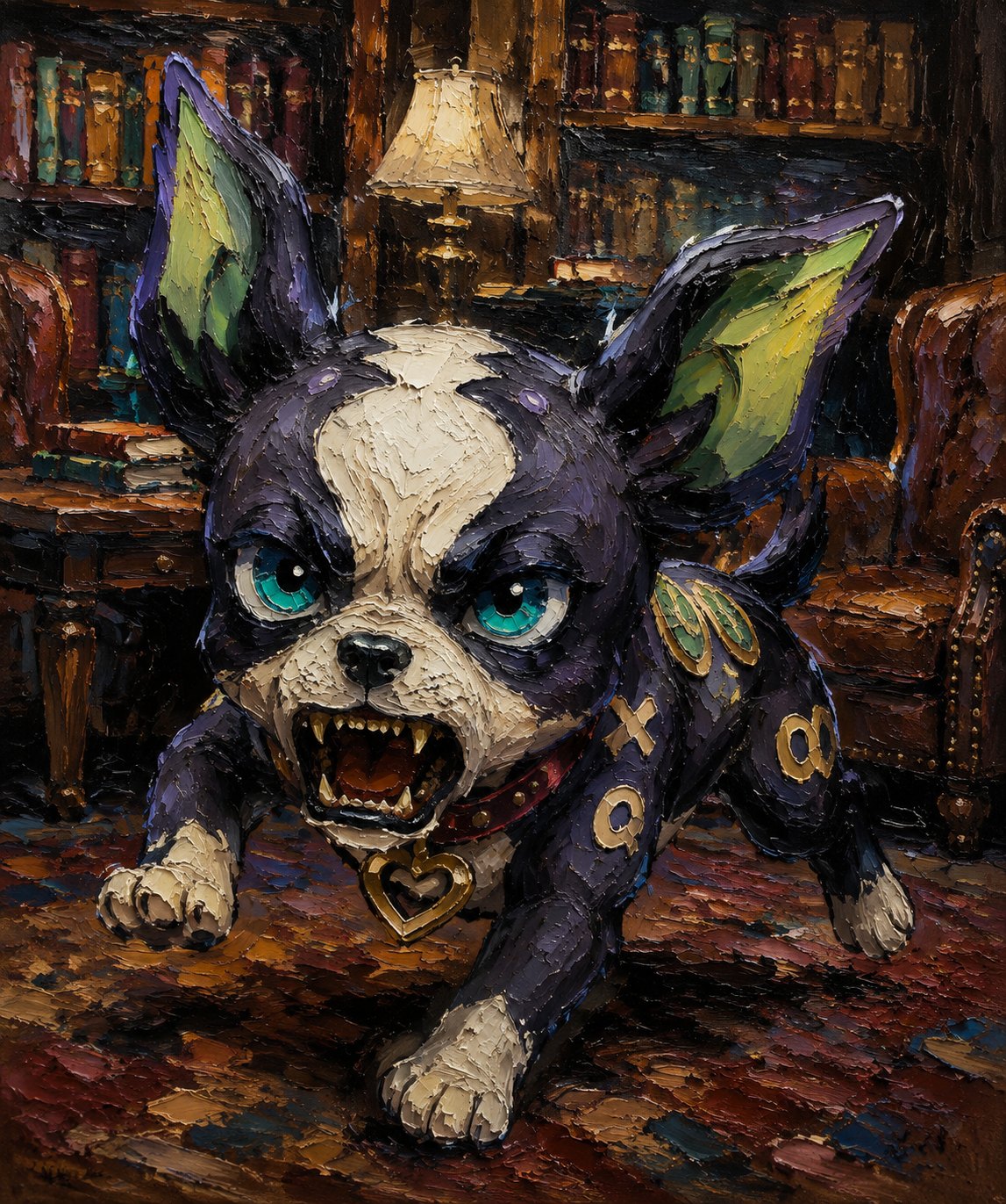 Lunging with bared teeth In a quiet library corner with leather chairs (oil painting on canvas, thick impasto strokes)
