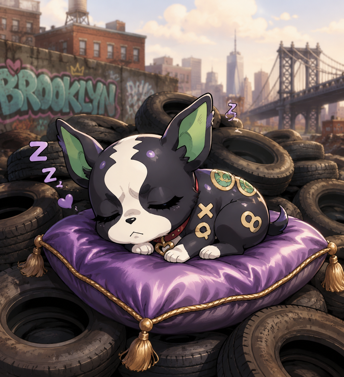 Napping on a luxurious silk pillow On a pile of discarded tires in Brooklyn (cute chibi style, soft lighting and rounded shapes)