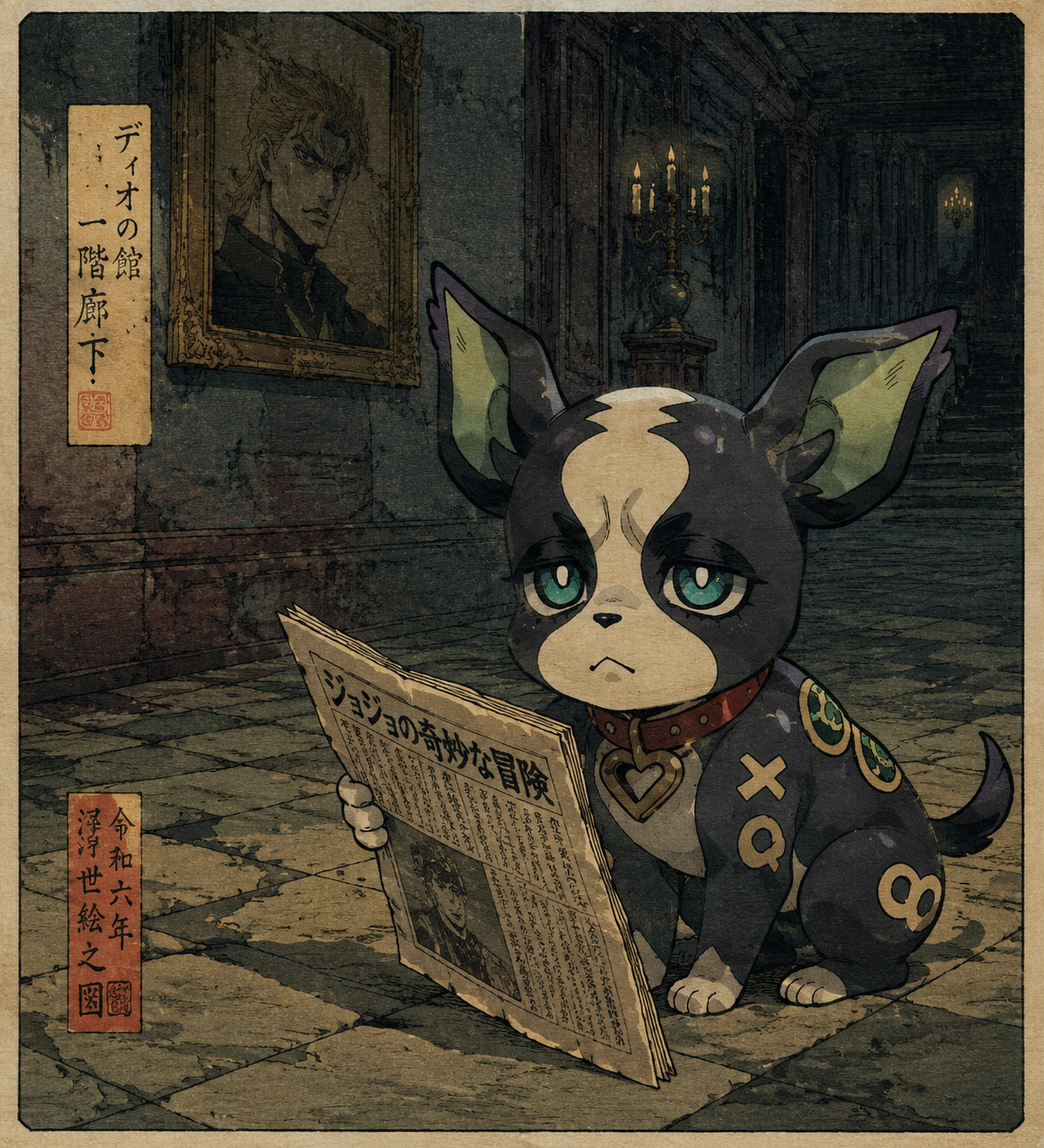 Reading a discarded newspaper In the dimly lit halls of Dio's mansion (traditional ukiyo-e woodblock print style)