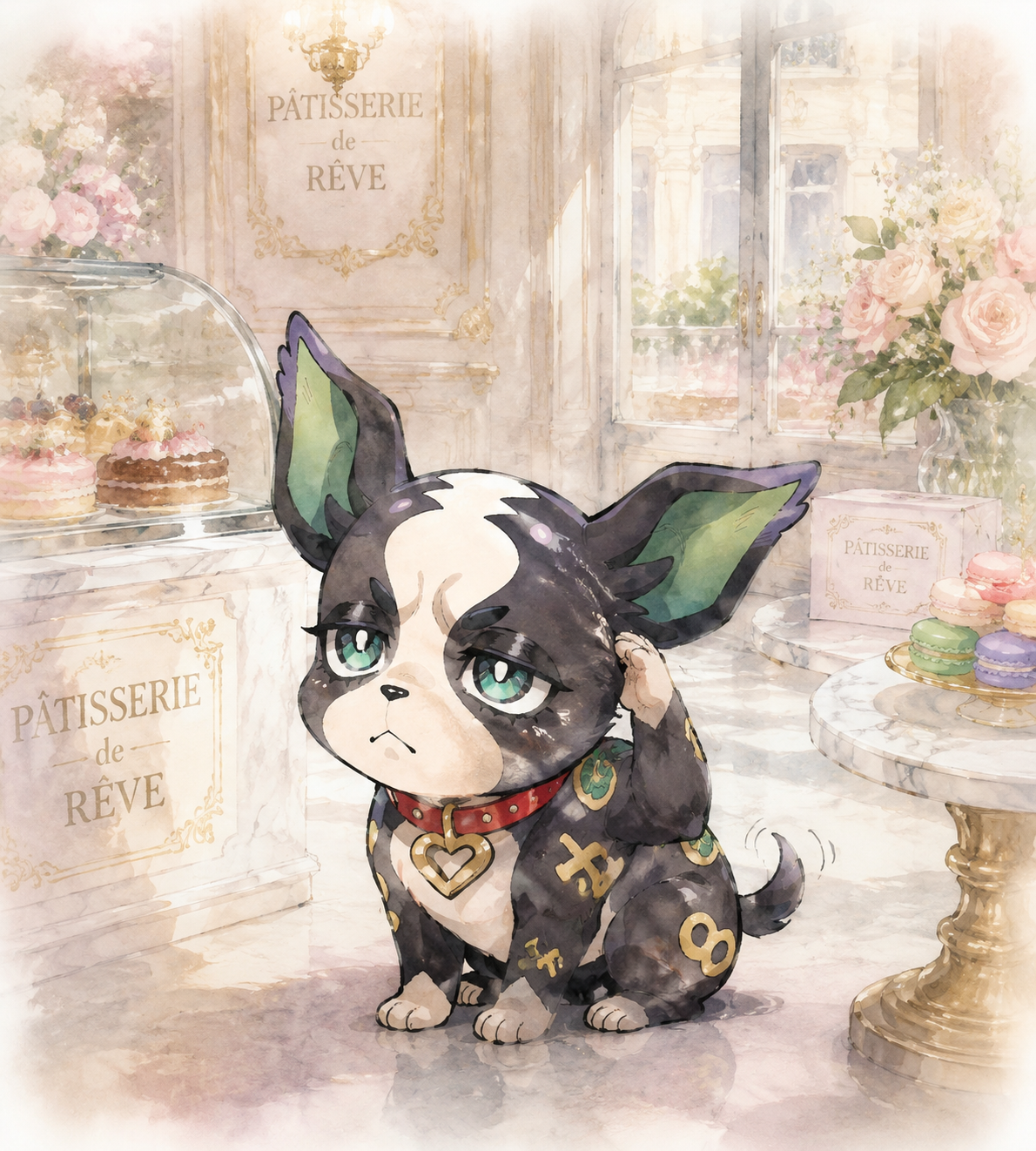 Scratching an itch behind his ear At a high-end French patisserie (soft watercolor, pastel tones and blurred edges)