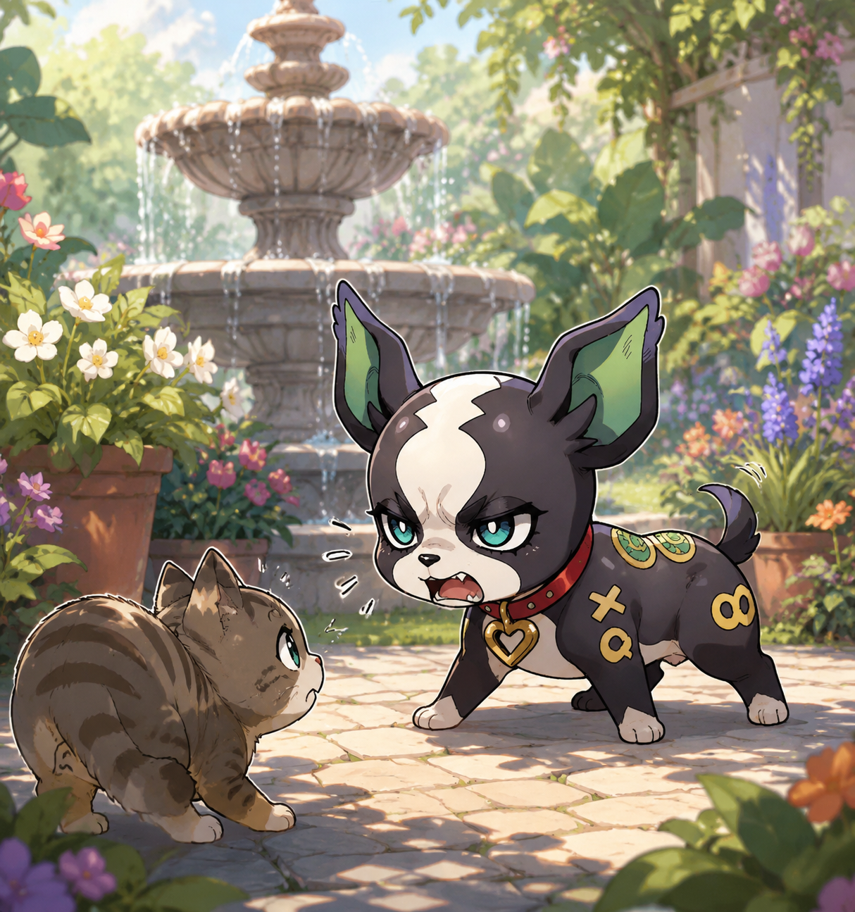 Snarling at a stray cat In a lush botanical garden beside a fountain (cute chibi style, soft lighting and rounded shapes)