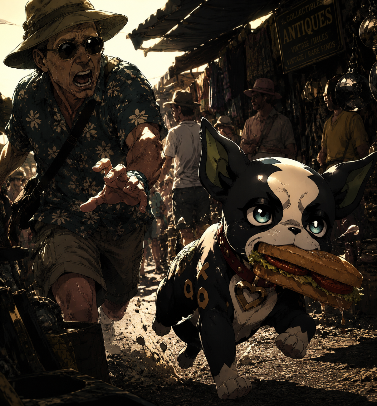 Stealing a tourist's sandwich At a crowded flea market in the heat (cinematic noir, dramatic shadows and high contrast)