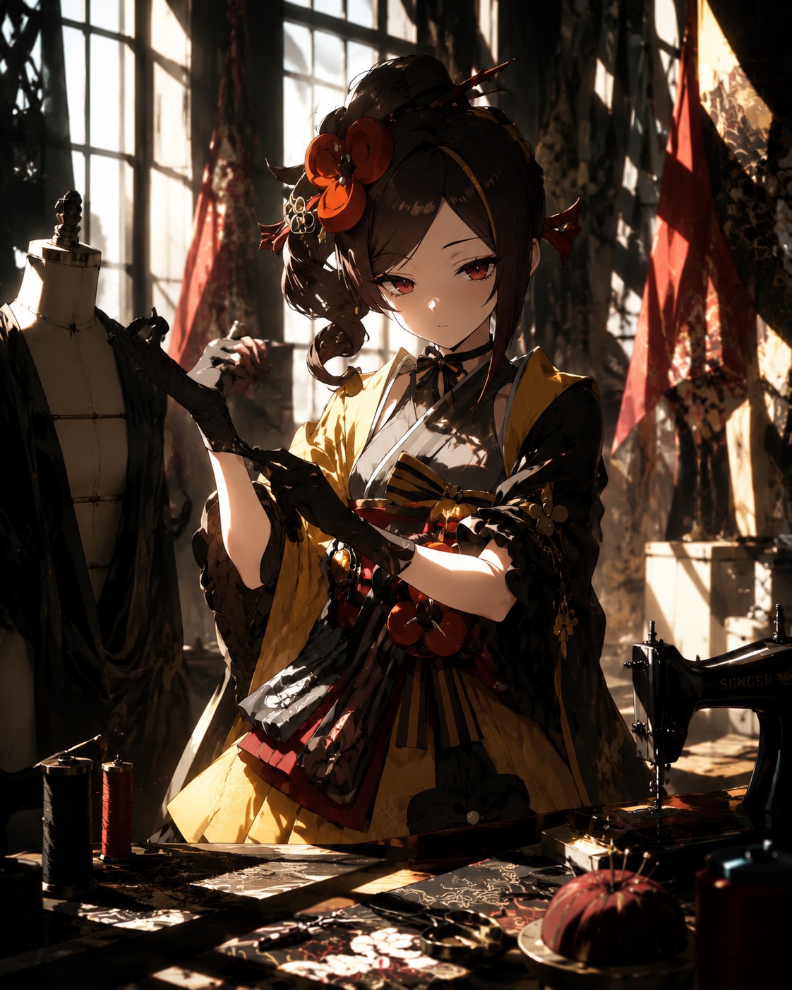 Adjusting a sleeve with surgical precision In a sun-drenched atelier filled with hanging silks (cinematic noir, harsh shadows and high contrast)