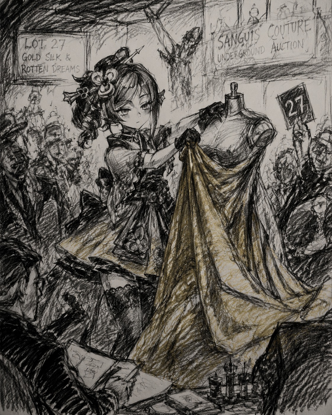 Draping heavy gold fabric over a headless mannequin At a chaotic underground fashion auction (rough pencil sketch, messy charcoal lines)