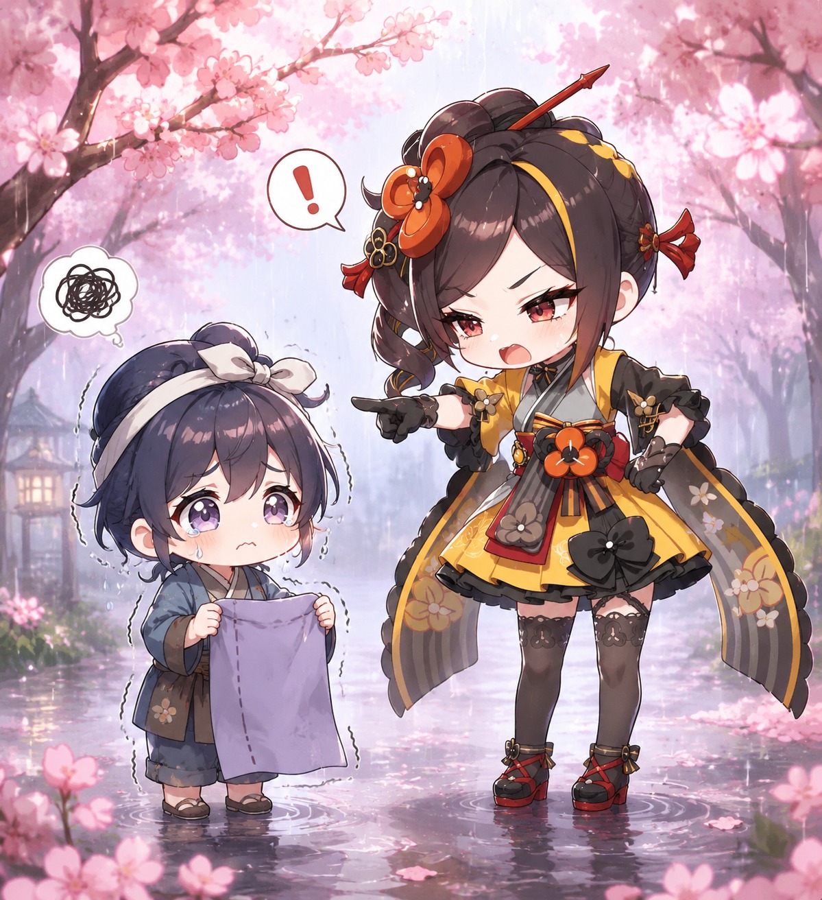 Scolding a trembling apprentice for a crooked seam In a rain-soaked cherry blossom grove (bubbly chibi style, pastel candy colors)