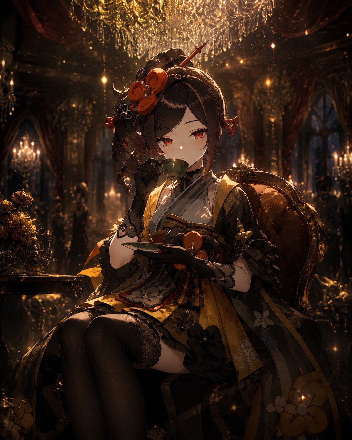 Sipping bitter matcha in complete silence In a dimly lit ballroom under a crystal chandelier (ethereal dreamscape, shimmering golden particles)