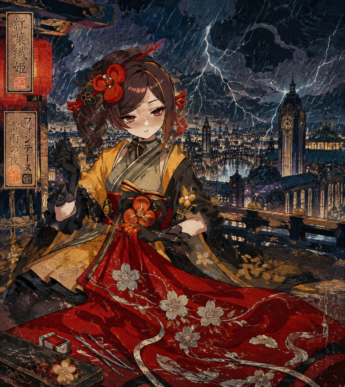 Tailoring a ruby-red kimono with silver needles On a stormy Fontaine rooftop overlooking the city (vibrant Ukiyo-e style, woodblock print texture)