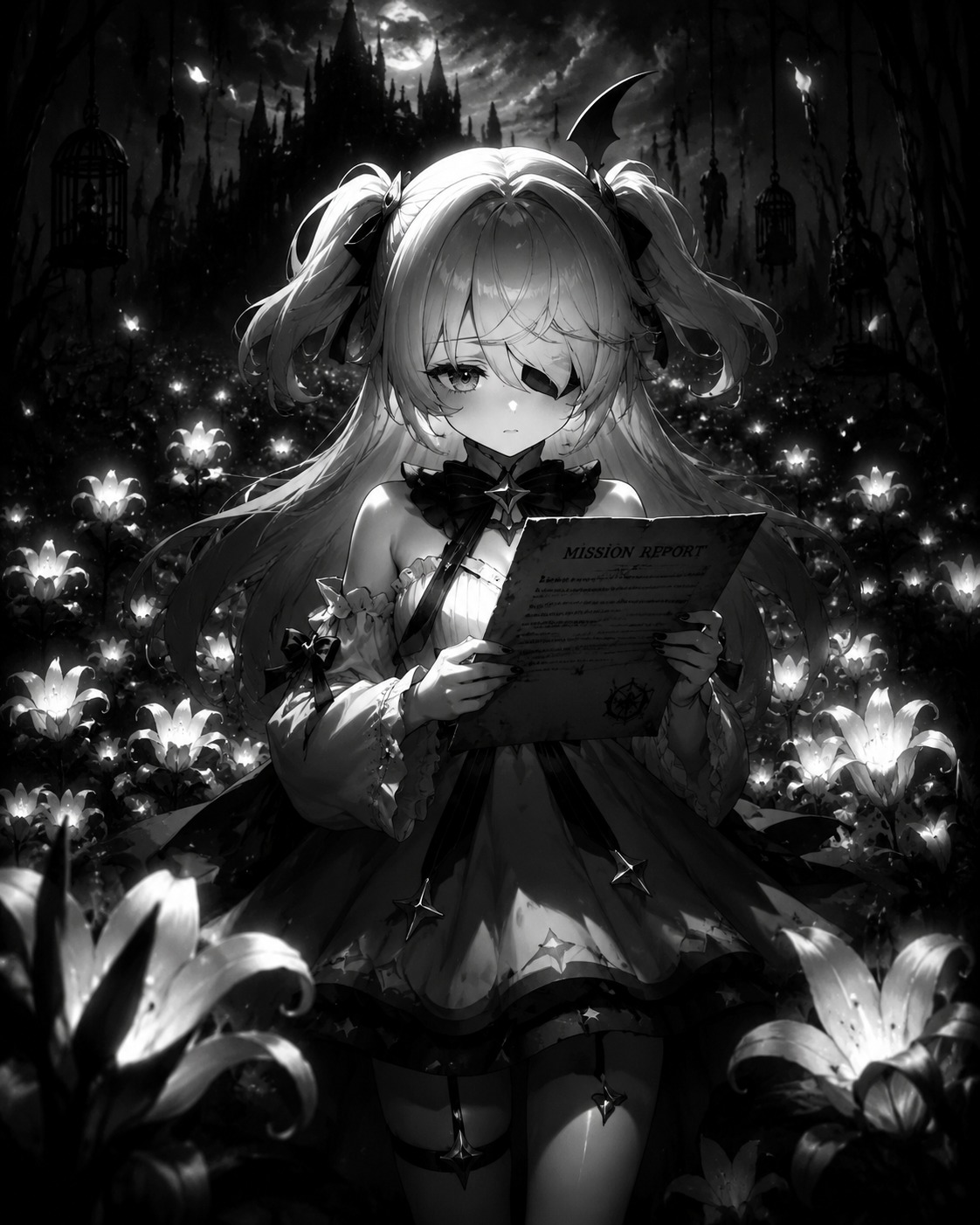 Checking a mission report with her eye patch lifted In a field of glowing night-lamp flowers (dark gothic horror, high contrast monochrome)