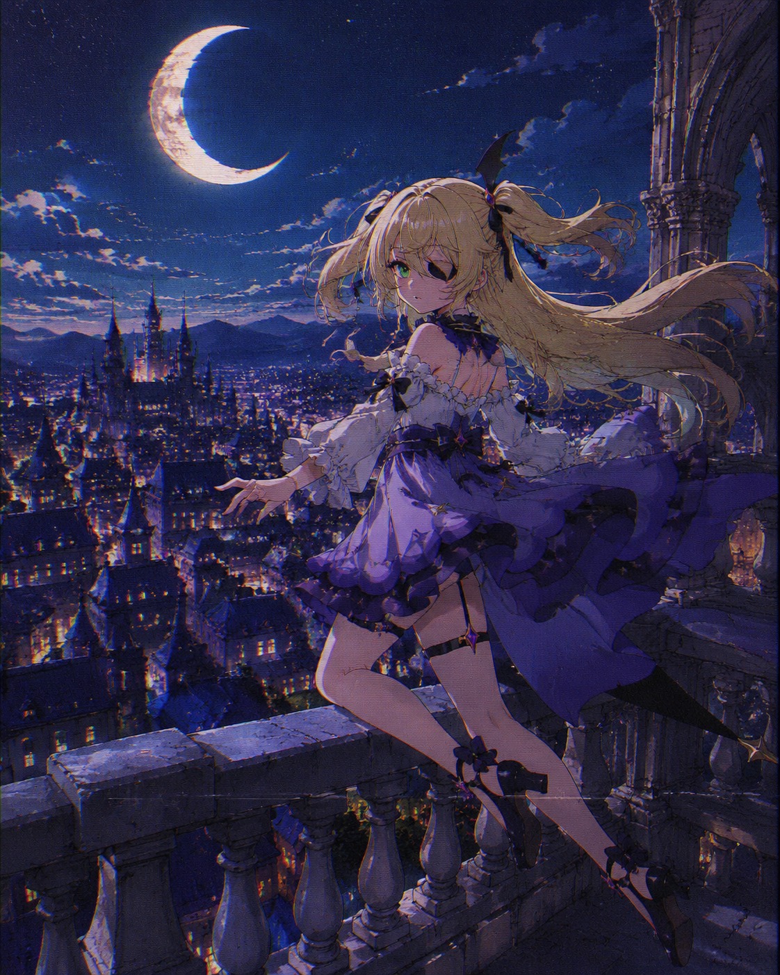 Leaping across stone rooftops under the moonlight On a stone balcony overlooking a sprawling fantasy city (retro 90s anime, grain and chromatic aberration)