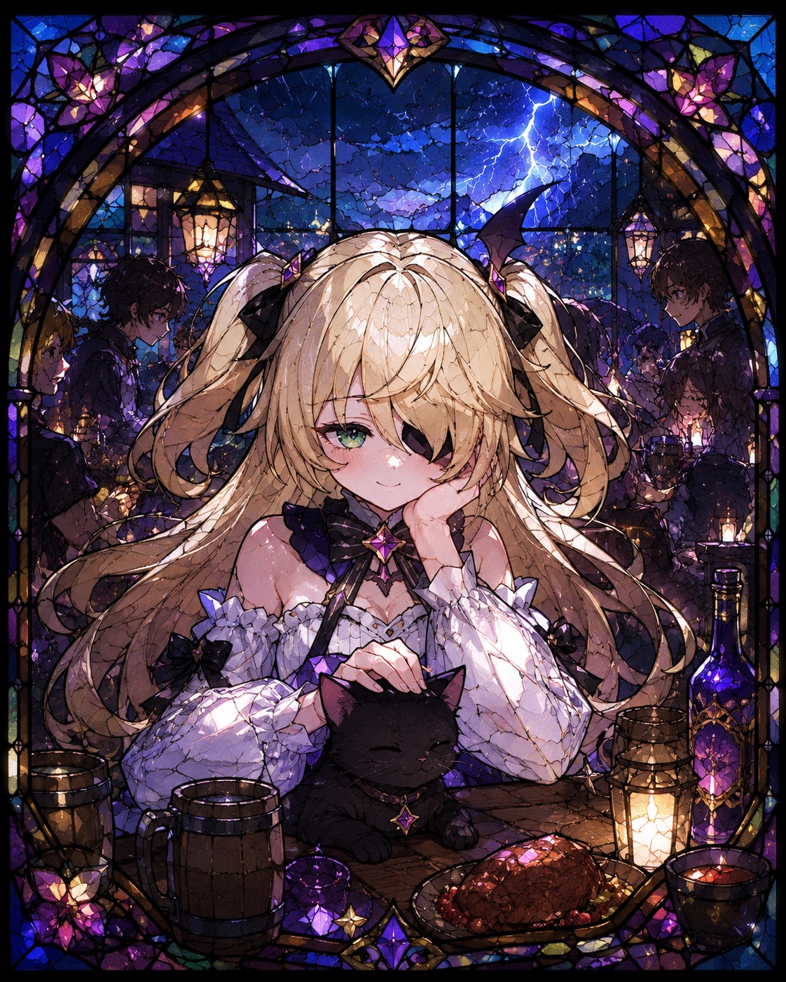 Petting a small black cat while hiding a smile At a crowded tavern table during a thunderstorm (delicate stained glass art, vibrant refracted light)