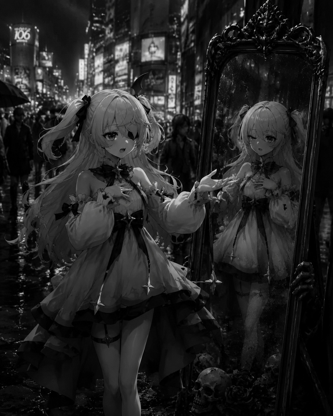 Practicing a grandiose speech in front of a mirror On a busy street corner in a modern metropolis (dark gothic horror, high contrast monochrome)