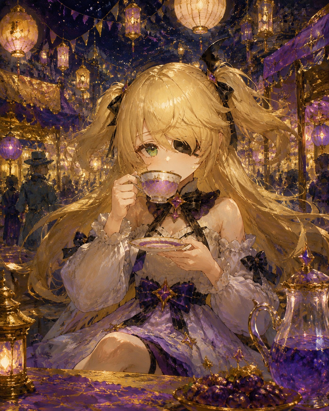 Sipping purple tea from a delicate porcelain cup At a festive night market illuminated by lanterns (high-fantasy oil painting, rich textures and gold leaf)