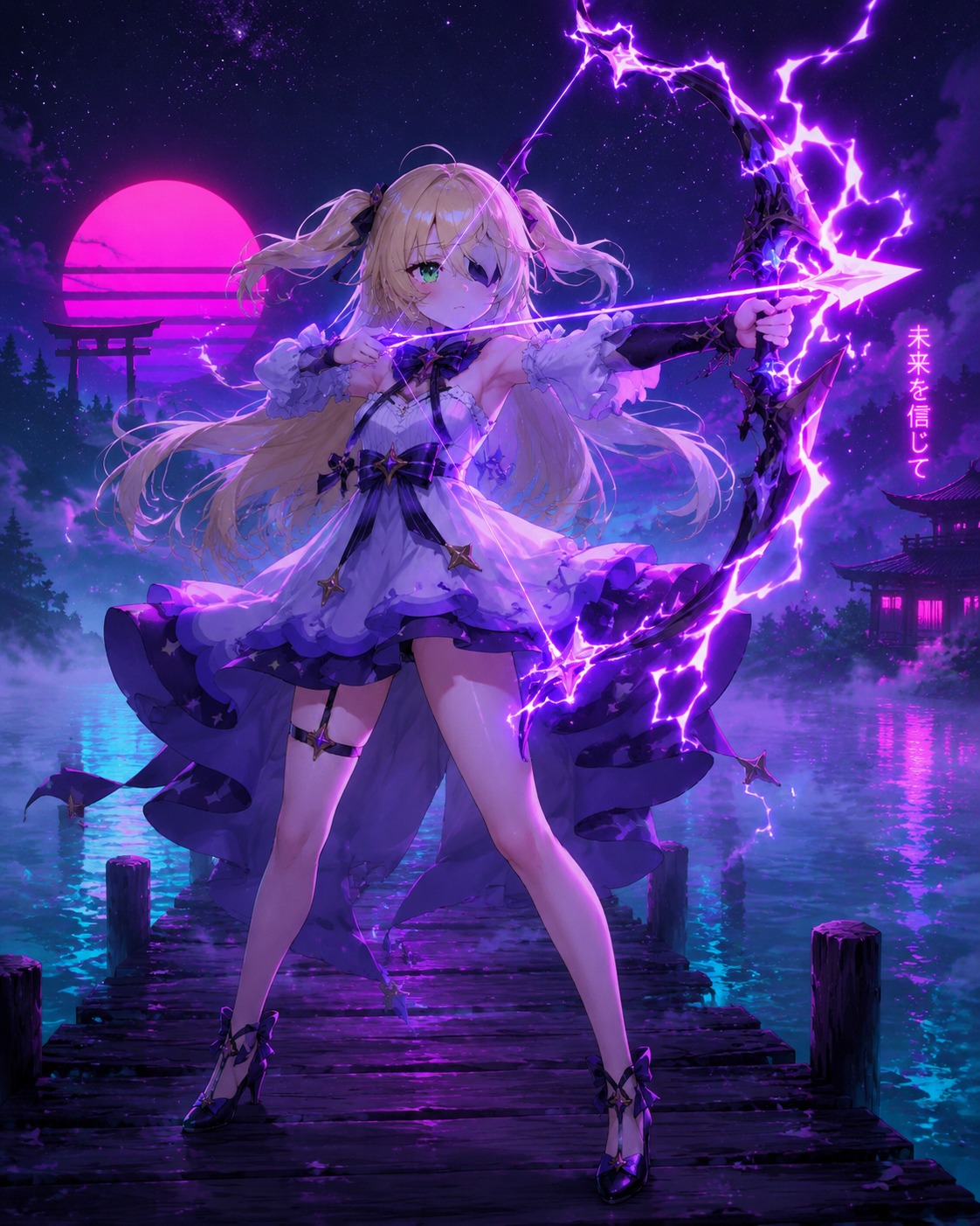 Striking a dramatic pose with a lightning-wreathed bow On a wooden pier beside a fog-covered lake (vaporwave aesthetic, neon purple and teal glow)