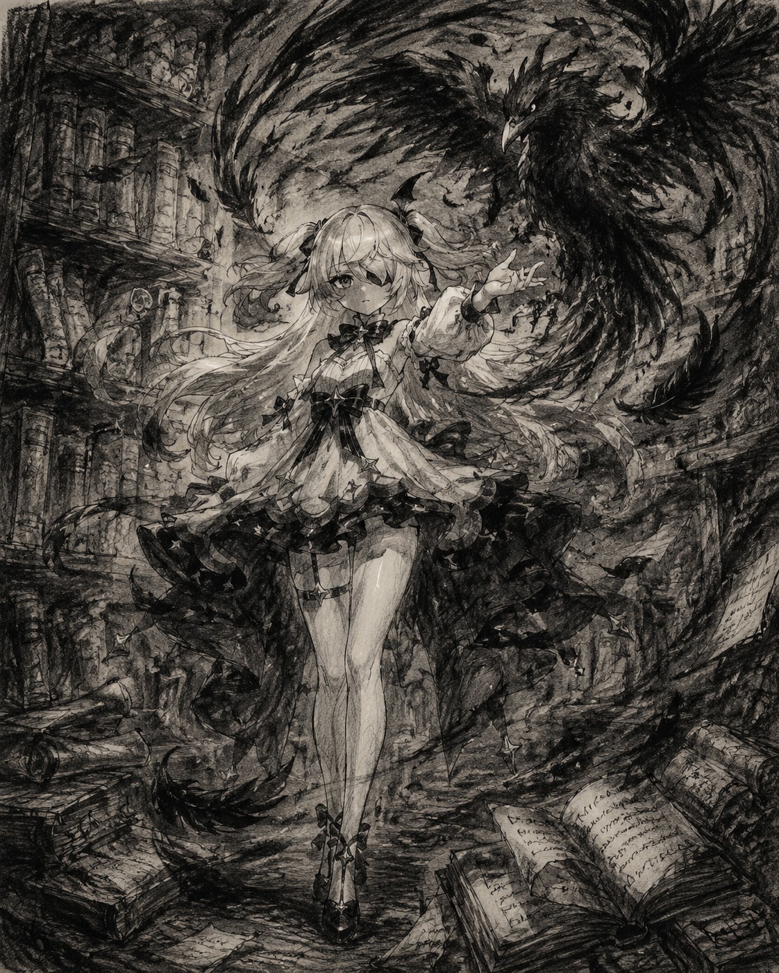 Summoning oz into a swirl of dark feathers In a dusty library filled with ancient scrolls (sketchy charcoal drawing, rough edges and grit)