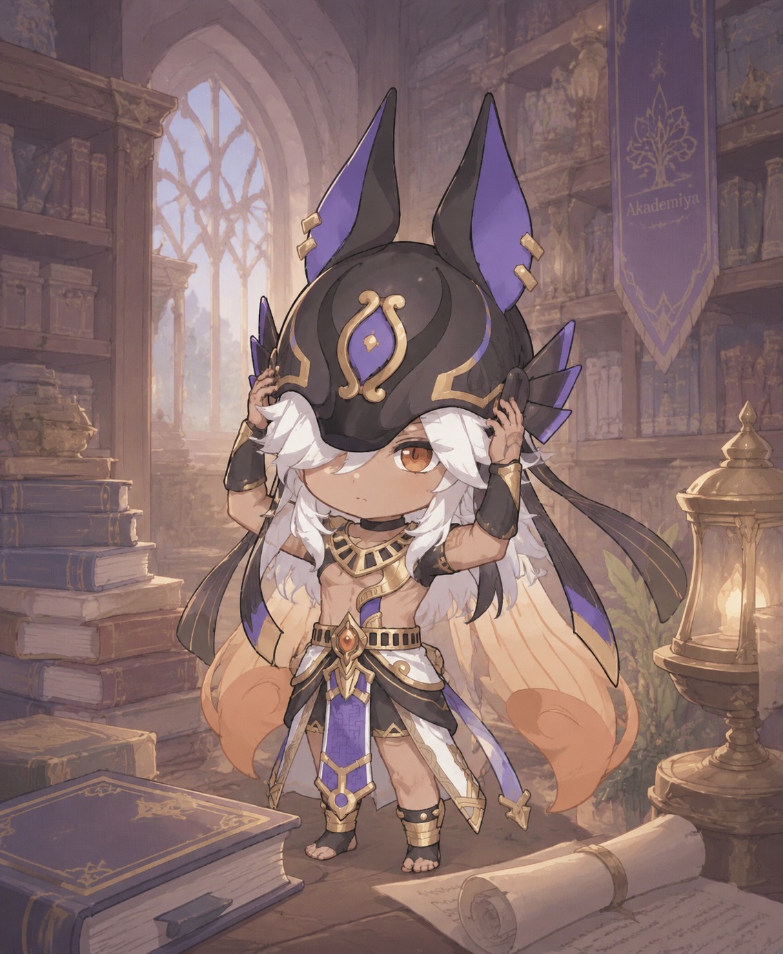 Adjusting his ornate golden headpiece In the dimly lit Akademiya library (chibi cute, soft pastel palette)