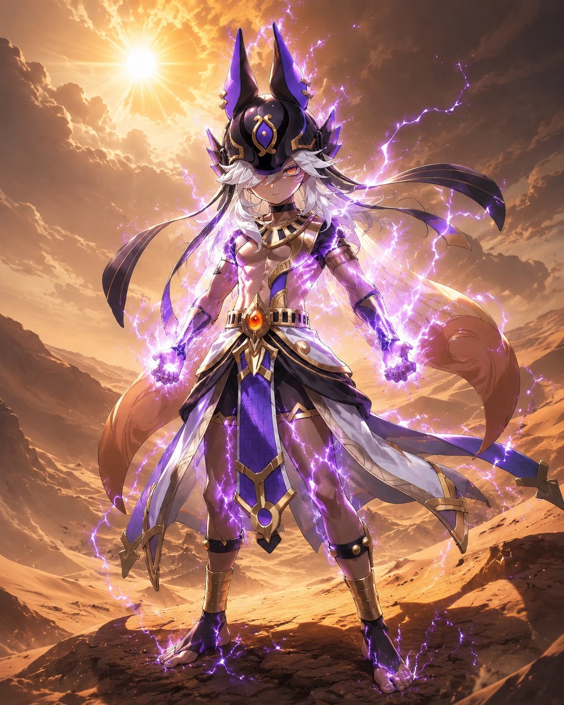 Channeling purple lightning through his body On the sun-scorched dunes (high-fantasy digital illustration, volumetric lighting)
