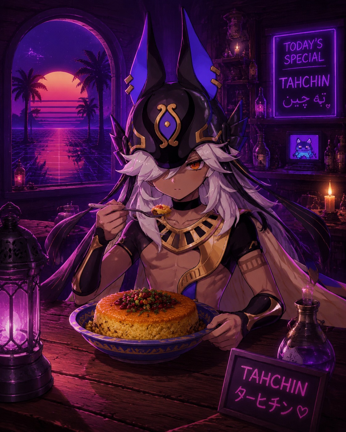 Eating a bowl of tahchin At a cozy tavern table (vaporwave aesthetic, neon purple highlights)