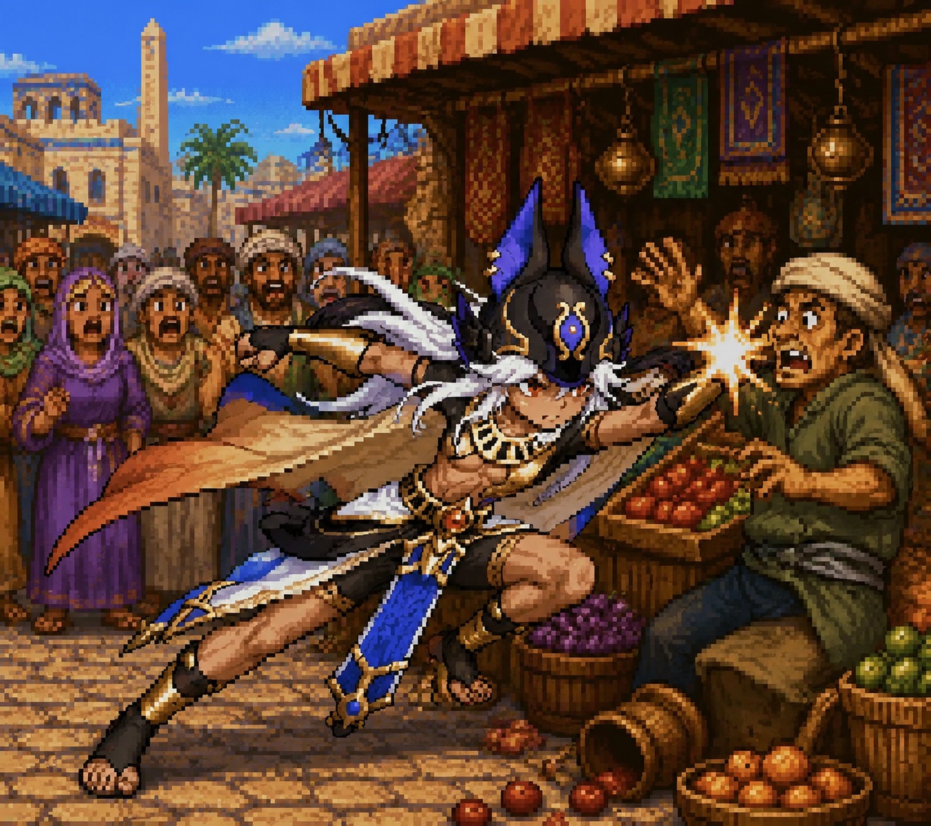 Lunging forward for a decisive strike At a crowded street market stall (retro 16-bit pixel art)