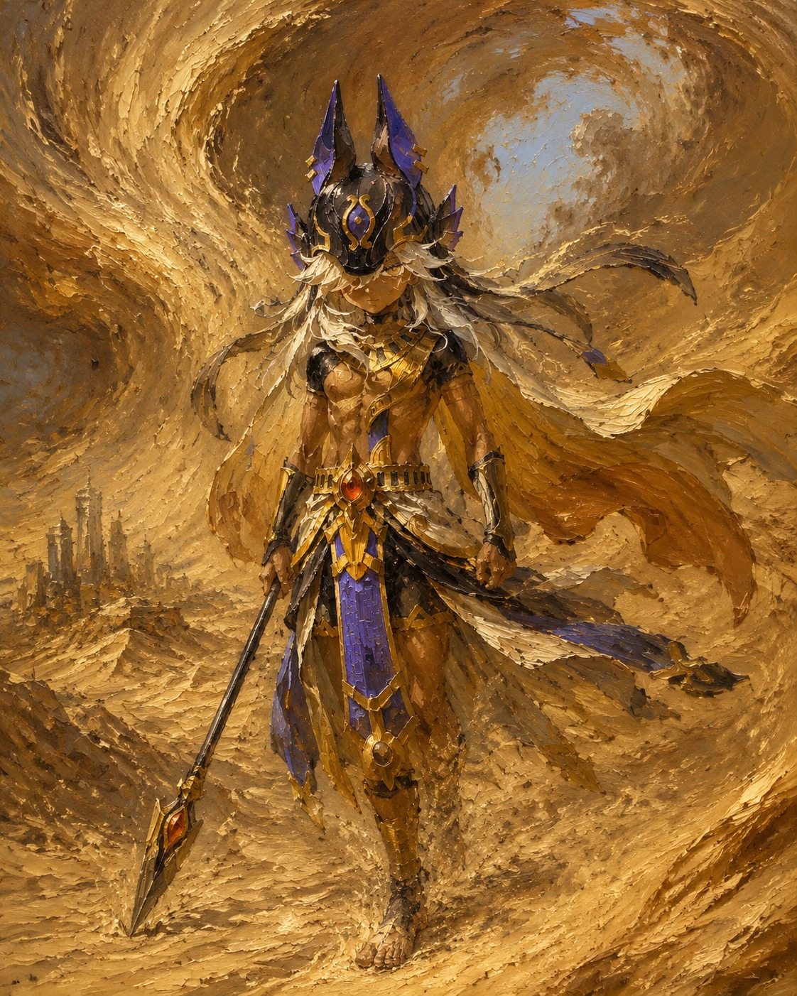 Patrolling the desert perimeter In the heart of a swirling sandstorm (traditional oil painting, heavy brushstrokes)
