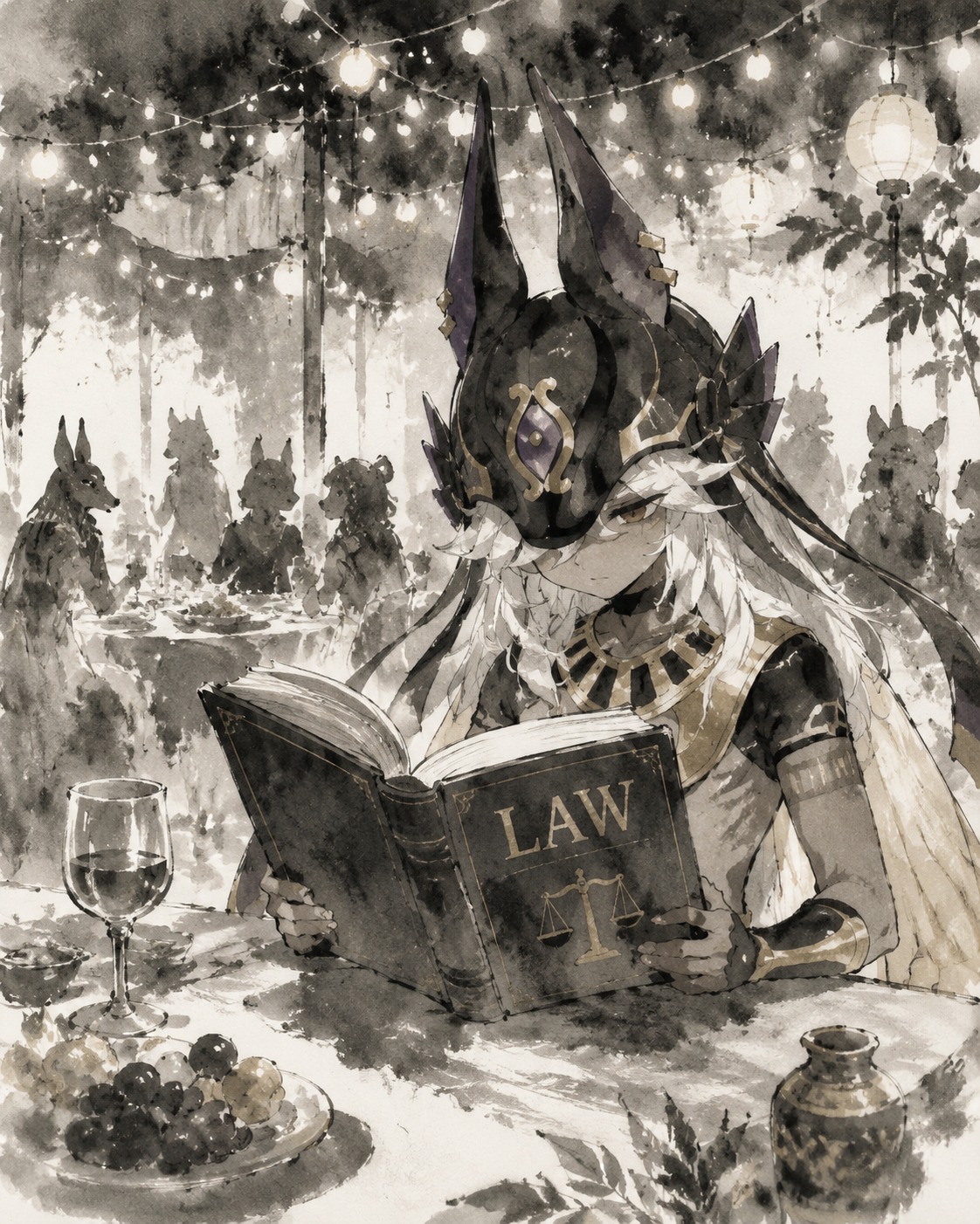 Reading a thick law book At a festive banquet under fairy lights (minimalist ink wash, Zen style)