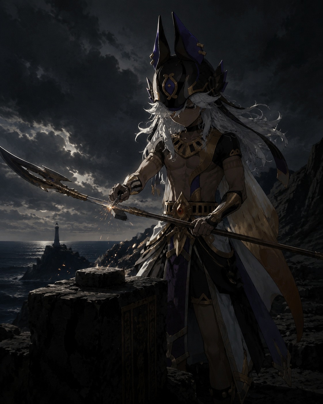 Sharpening a ritualistic polearm On a rocky cliff overlooking the sea (cinematic noir, dramatic shadows)