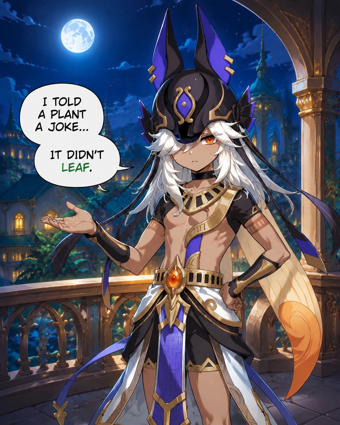 Telling a pun with a straight face On a moonlit balcony in Sumeru City (vivid anime art, saturated colors)