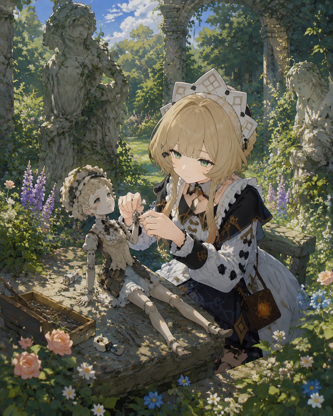 Adjusting the porcelain joint of a puppet In an overgrown garden with crumbling stone statues (lush Studio Ghibli inspired scenery)