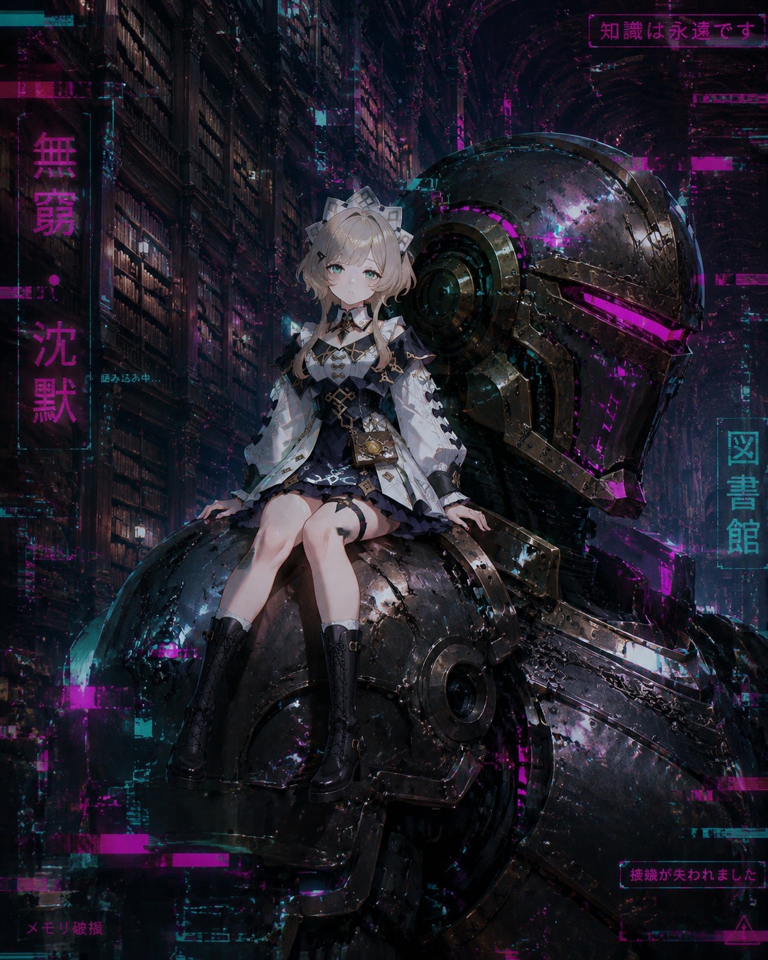 Dangling her legs off a massive iron shoulder At a silent library with infinite mahogany shelves (cyberpunk glitch art with neon accents)