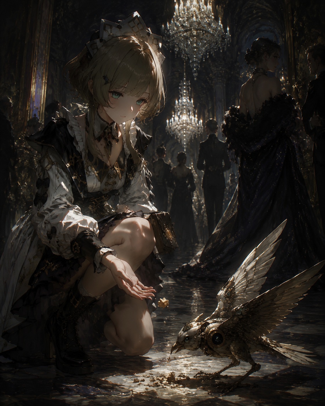 Feeding a stray clockwork bird breadcrumbs At a formal Snezhnayan gala under crystal chandeliers (dramatic oil painting with heavy chiaroscuro)