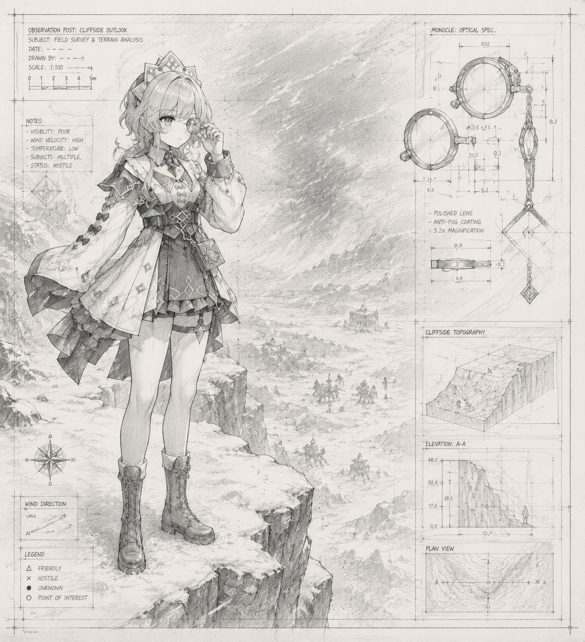 Observing her subjects through a polished monocle On a snowy cliffside during a violent blizzard (technical architectural drafting sketch)