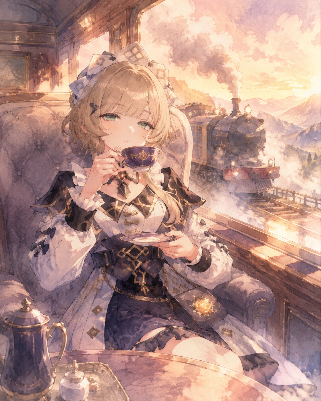Sipping bitter tea with a dismissive scoff On a high-speed steam train at golden hour (ethereal watercolor in soft pastel tones)