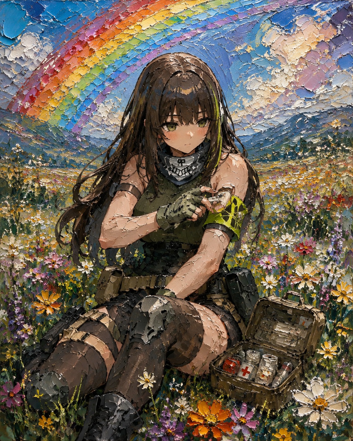 Applying a field repair kit to her arm In a flower-filled meadow under a rainbow (heavy impasto oil painting, thick brushstrokes)