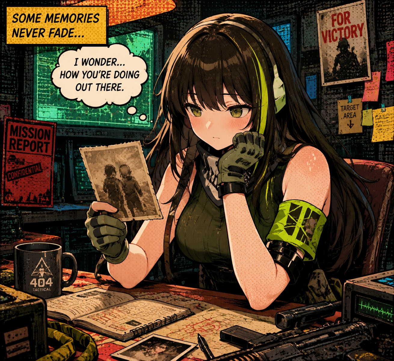 Gazing at a faded photograph with longing At a cluttered desk in the command center (retro pop art, halftone dots and bright colors)