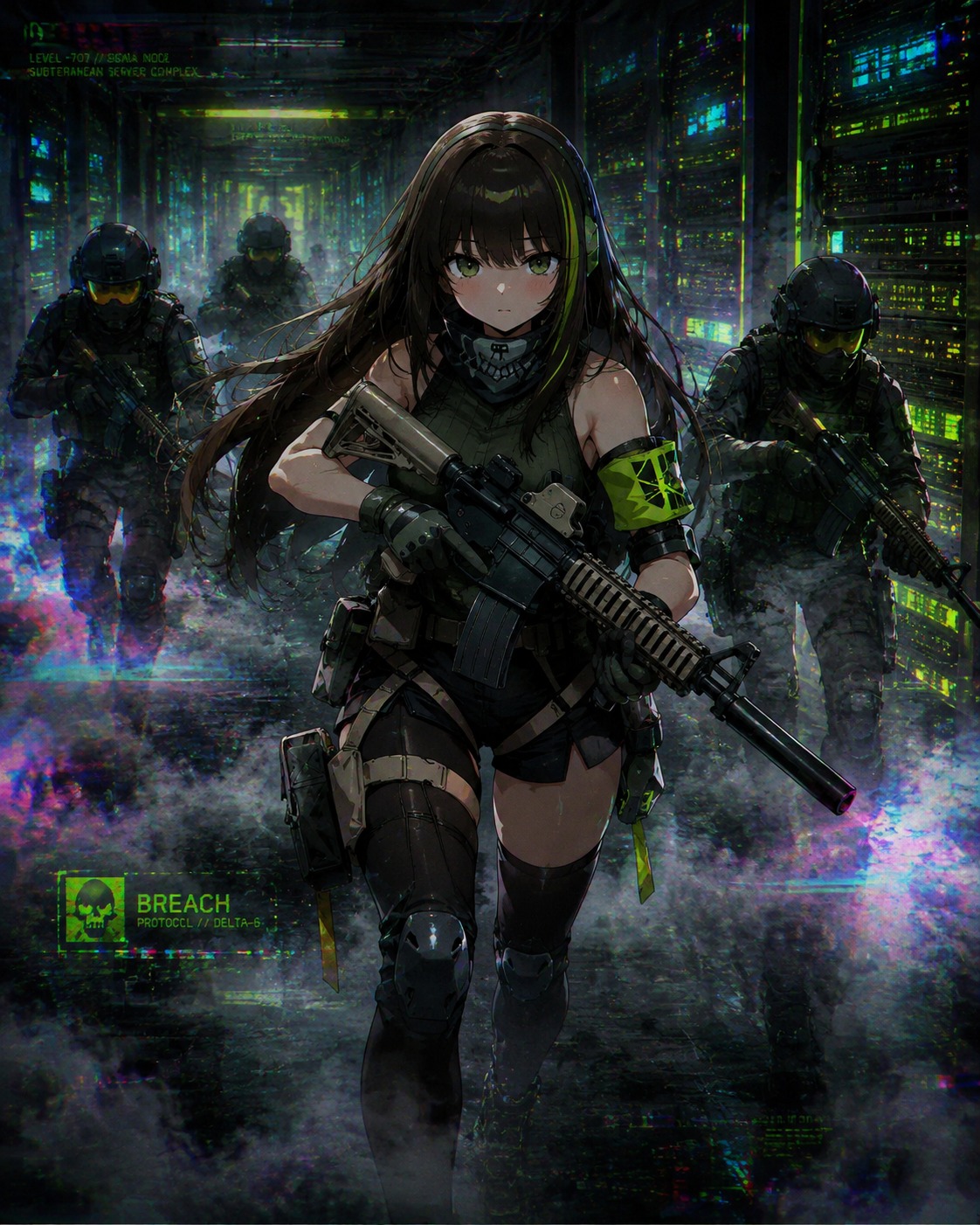 Leading a tactical advance through smoke At a glowing server room deep underground (glitch aesthetics, neon digital distortion)