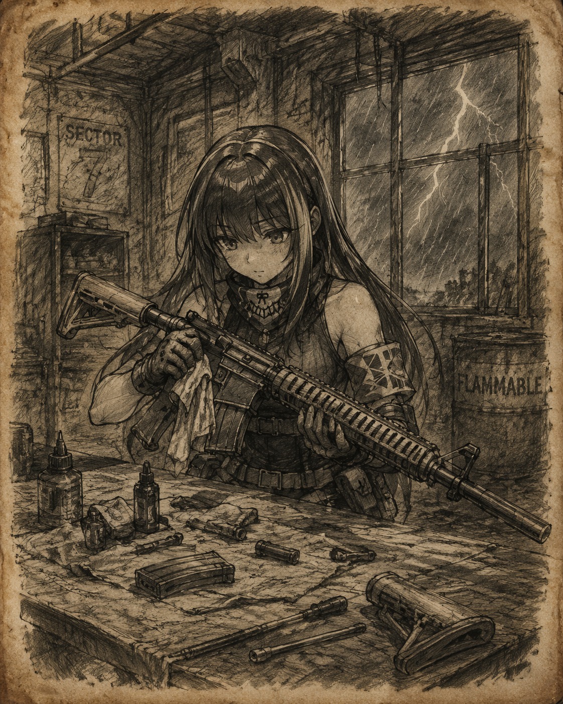 Meticulously cleaning her modular assault rifle In a derelict warehouse during a thunderstorm (rough charcoal sketch on parchment)