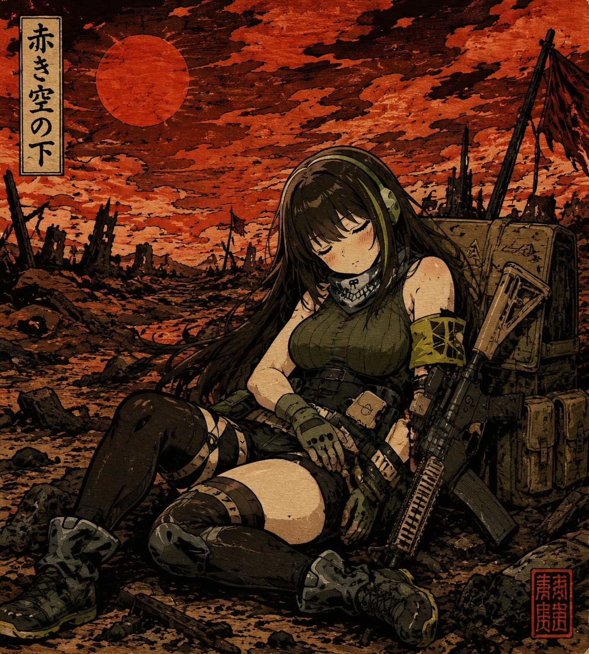 Napping against her heavy tactical gear In a scorched wasteland under a blood-red sky (woodblock print style, bold outlines)
