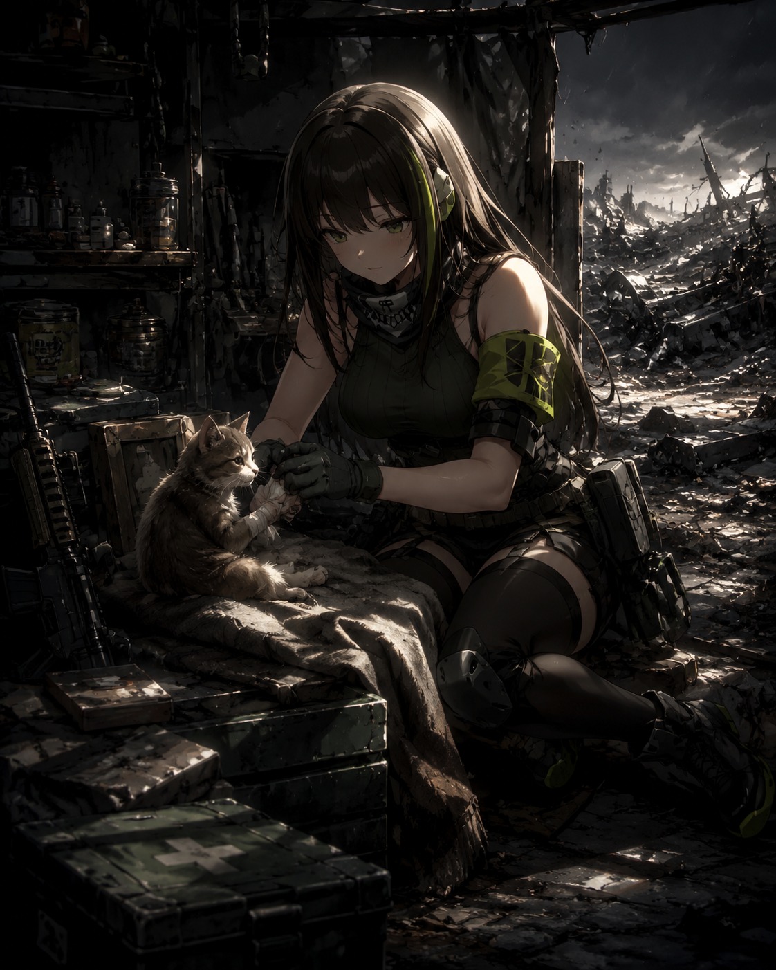 Rehabilitating a stray kitten in the barracks On a battlefield littered with scrap metal (cinematic noir, sharp contrasts and dramatic shadows)