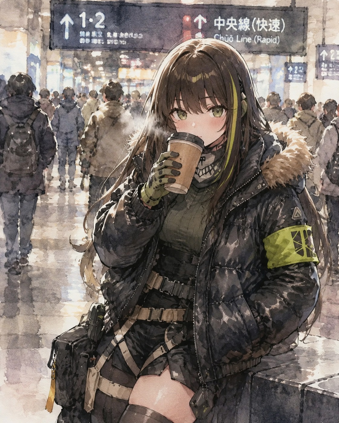 Sipping hot chocolate during a winter break In a crowded subway station after hours (watercolor anime style, soft morning lighting)