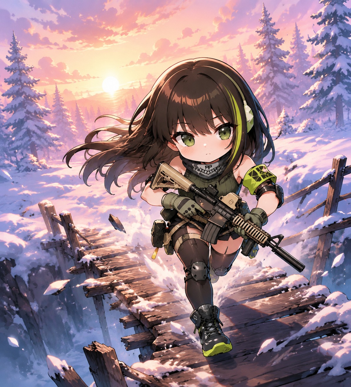 Sprinting across a crumbling bridge At a snowy forest clearing during sunrise (chibi art style, vibrant pastel colors)