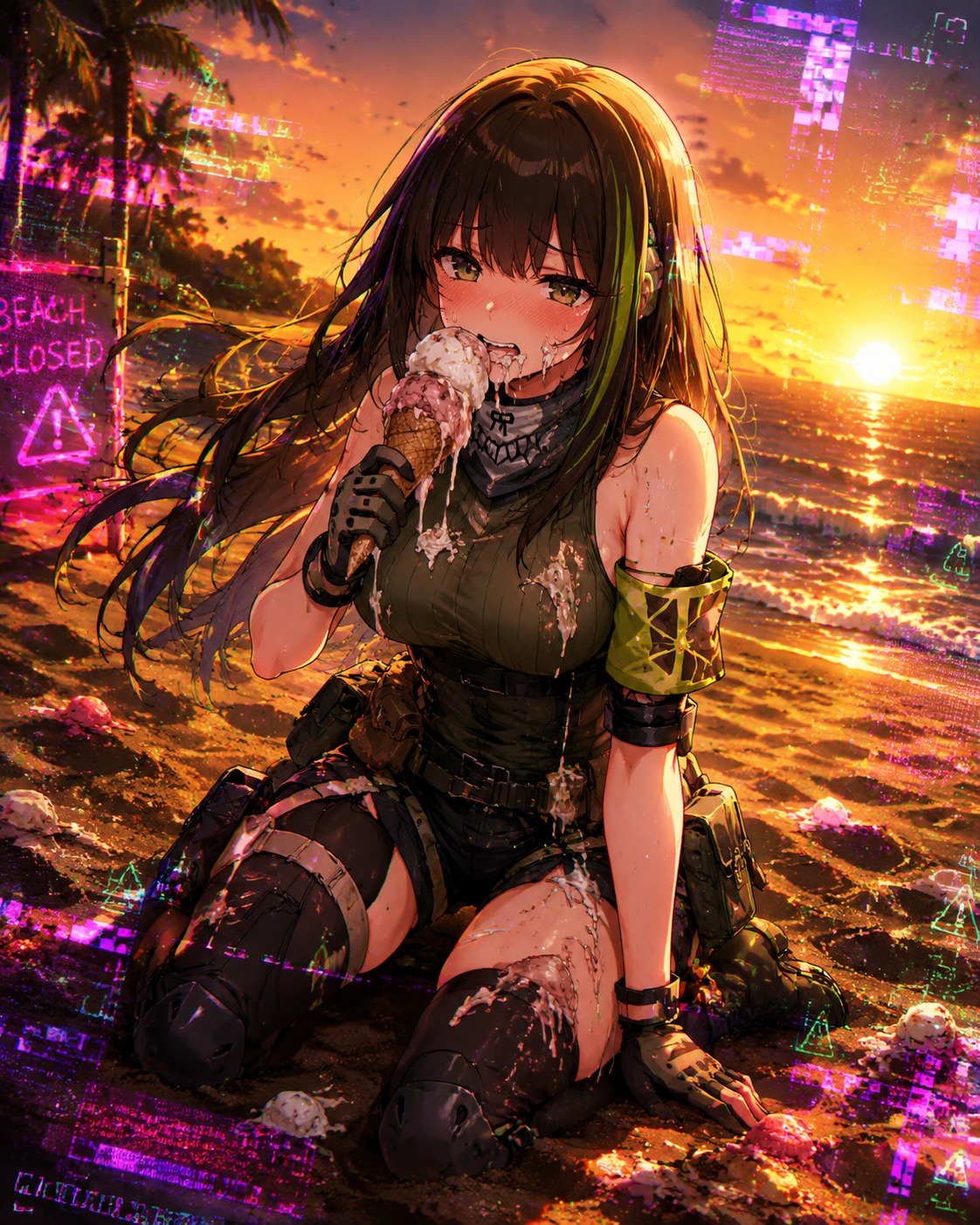 Struggling to eat a messy ice cream cone On a sandy beach at golden hour (glitch aesthetics, neon digital distortion)